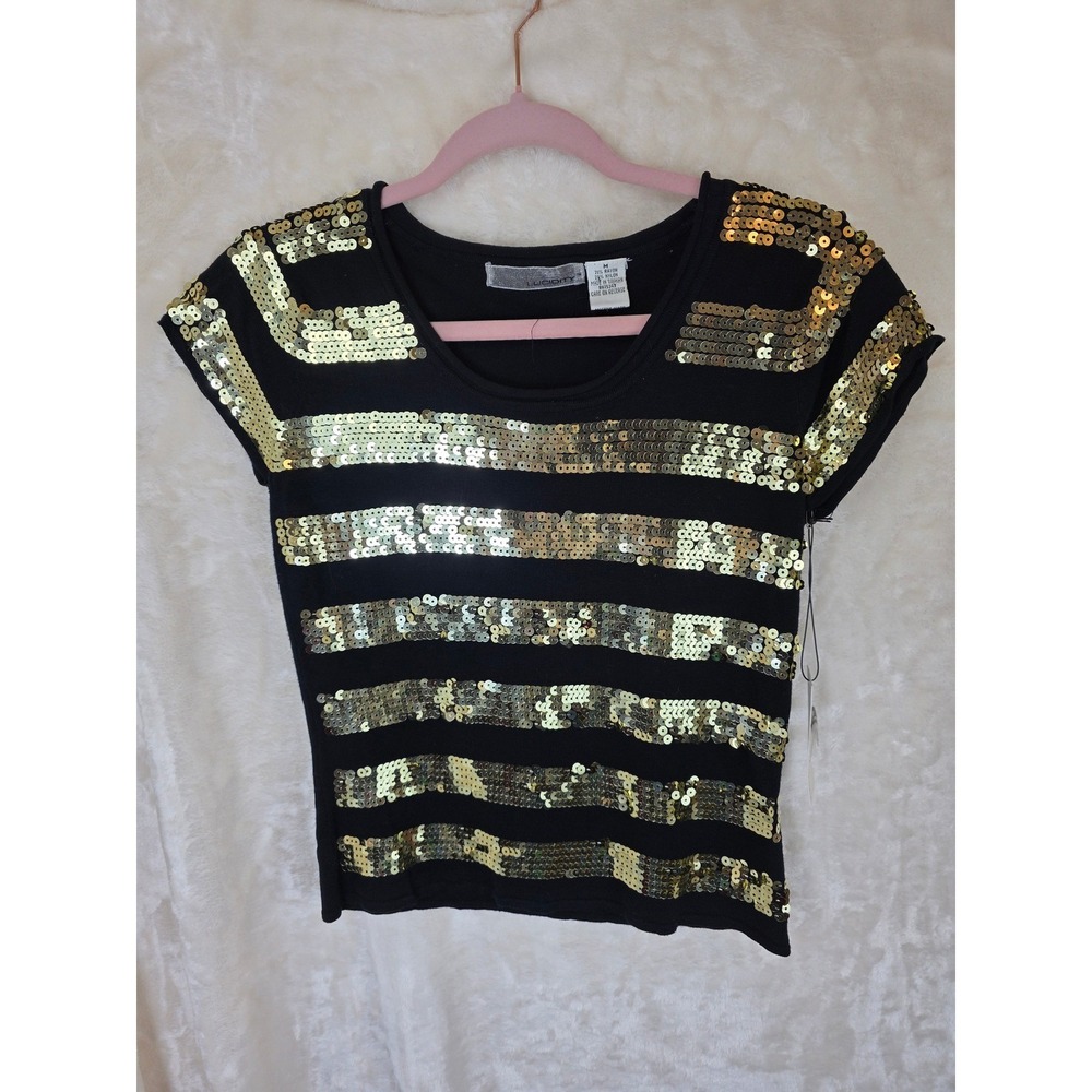 Lucidity Womens Medium Black Gold Sequin Striped‎ Knit Top Short Sleeve